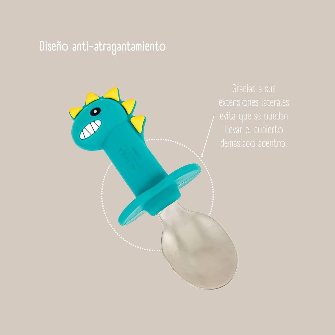 Juego De Cubiertos Ergonómicos Para Bebé Con Forma De Dinosaurio · Set 2 Piezas Althea Living Verde_4