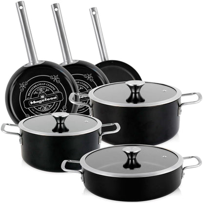 Batería Cocina Inducción 9 Piezas, Antiadherente Libre Pfoa Exterior Negro Mate Retro Vintage Magefesa Ares, Negro