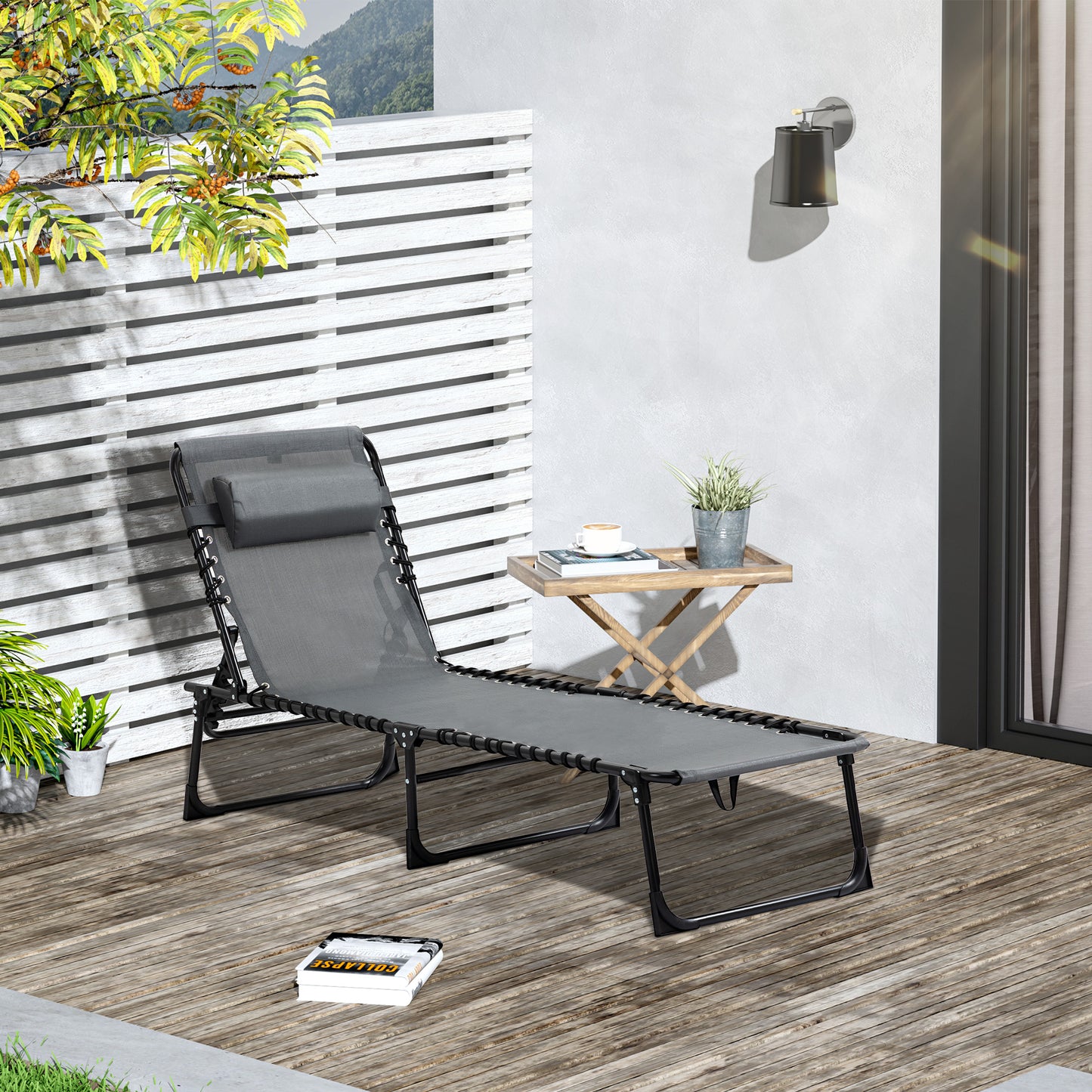 Outsunny Tumbona Plegable Con Respaldo Ajustable Reposacabezas 189x58x30 Cm Gris_1
