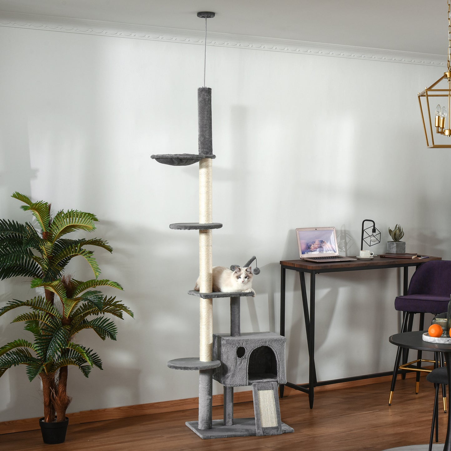 Pawhut Árbol Rascador Para Gatos Altura Ajustable 238-270 Cm Con Hamaca Cueva_1