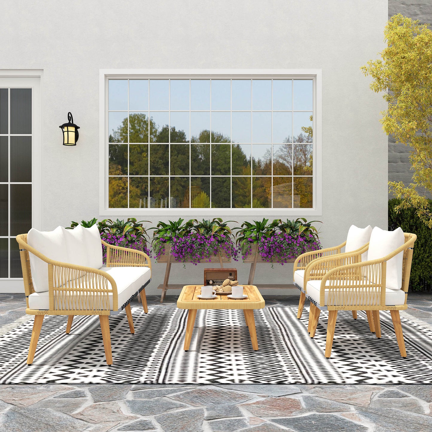 Outsunny Conjunto Jardín Exterior De Ratán Con Cojines Patas De Madera De Acacia_1