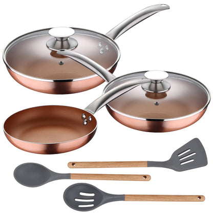 Set 5pc Sartenes (con Tapa) Aluminio Prensado Inducción Con Set 3pc Utensilios De Cocina Silicona Madera_0