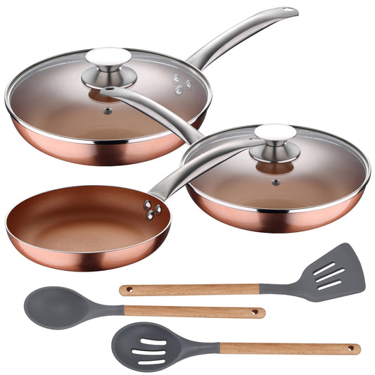 Set 5pc Sartenes (con Tapa) Aluminio Prensado Inducción Con Set 3pc Utensilios De Cocina Silicona Madera_0