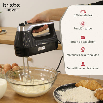 Briebe Batidora De Varillas Eléctrica 400w Amasadora De Mano Especial Repostería 5 Velocidades + Turbo, Hm1174blk, Negro_1