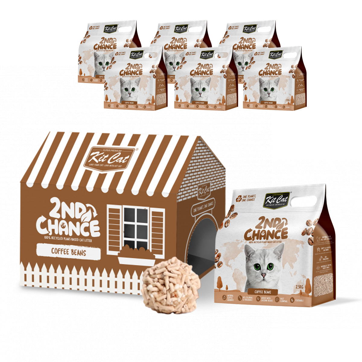 Pack 6 Kit Cat Arena Eco 2nd Chance - Coffee Beans (Natural) 2,5 Kg Semillas de Café , Guisante y Yuca