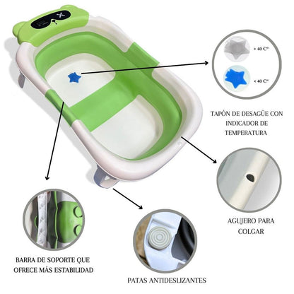 Bathby Bañera Plegable Para Bebés Recién Nacidos, Cojín Oso, Termómetro, Patas Antideslizantes (verde Oso)