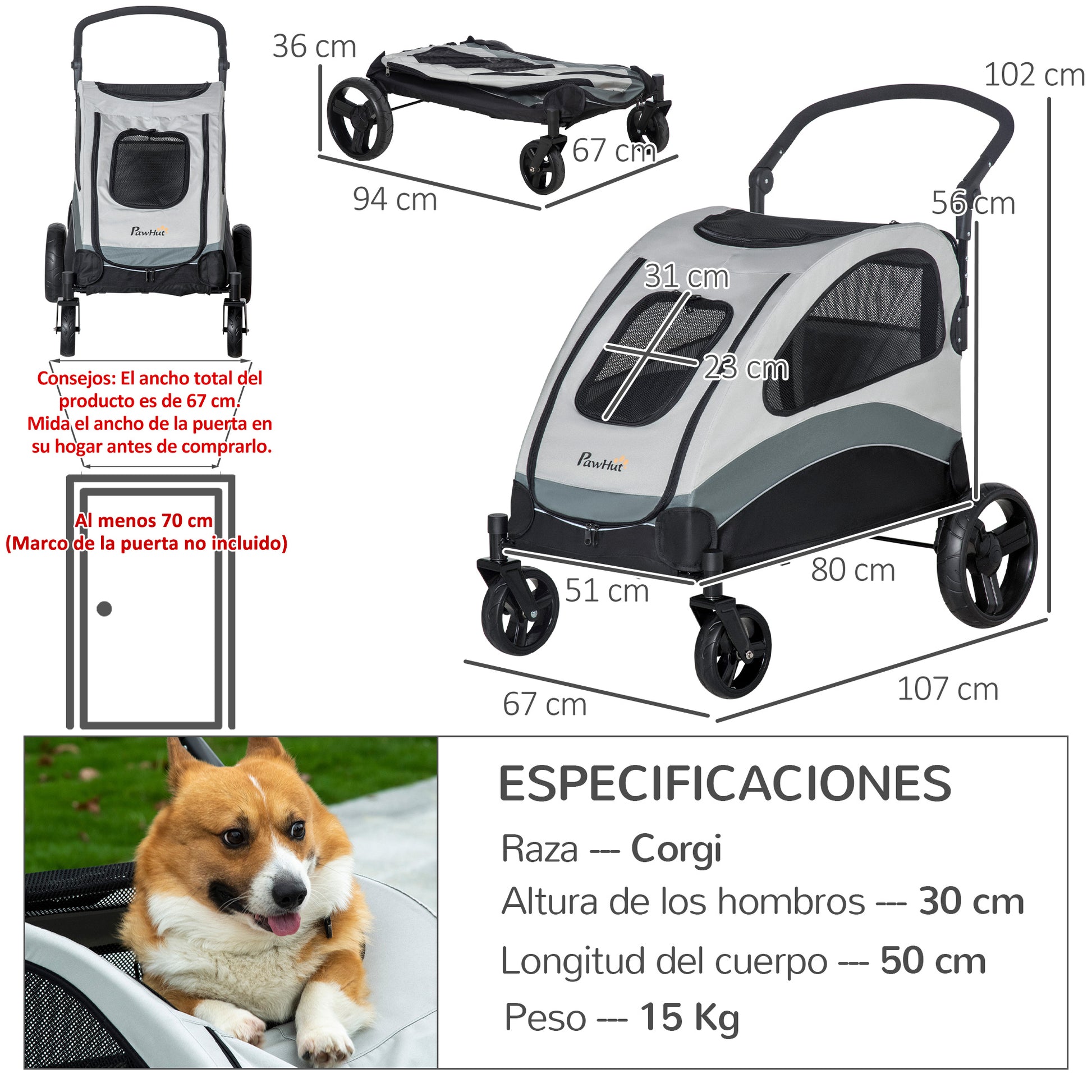 Pawhut Cochecito Para Perros Plegable Con 5 Ventanas 2 Puertas 107x67x102cm Gris_2