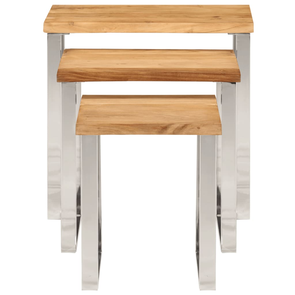 Set De 3 Mesas Apilables Con Borde Natural Madera Maciza Acacia_1