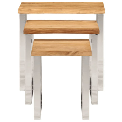Set De 3 Mesas Apilables Con Borde Natural Madera Maciza Acacia_1