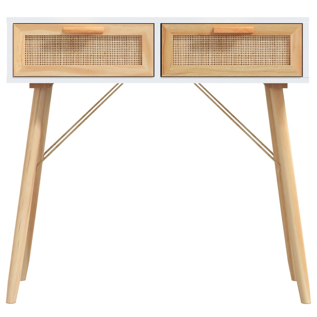 Mesa Consola Madera Pino Maciza Blanco Ratán Natural 80x30x75cm_2