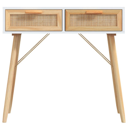 Mesa Consola Madera Pino Maciza Blanco Ratán Natural 80x30x75cm_2