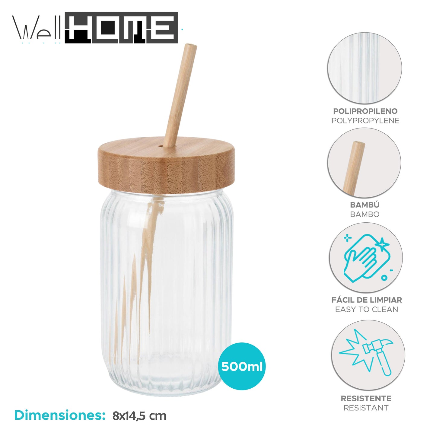 Well Home Vaso De Cristal Con Tapa De Bambú De 500ml