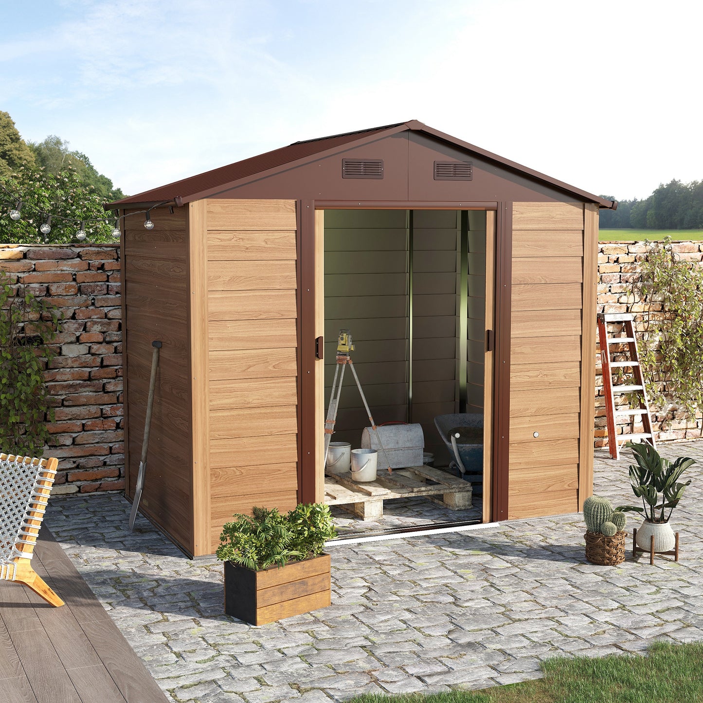 Outsunny Cobertizo De Jardín Exterior 3 M² 236x152x209 Cm Natural Y Café_1