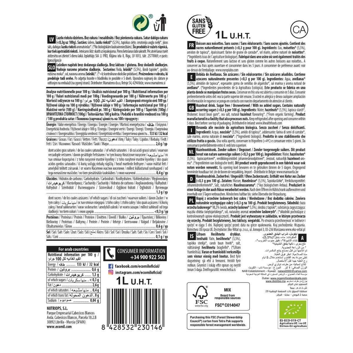 Bebida de Avellanas sin azúcar Ecomil 1 L