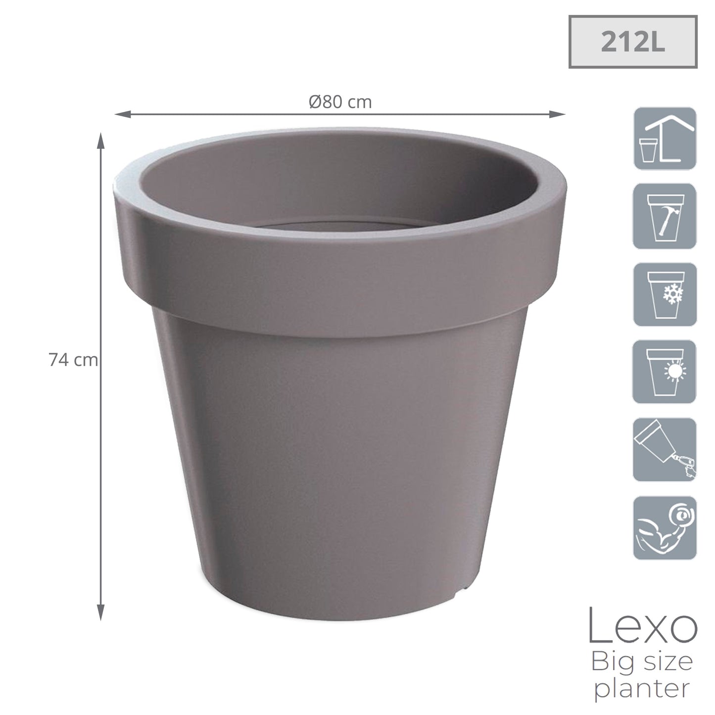 Maceta Lexo Round 212l., Dimensiones (mm) 800x800x740, Color Gris Piedra_2