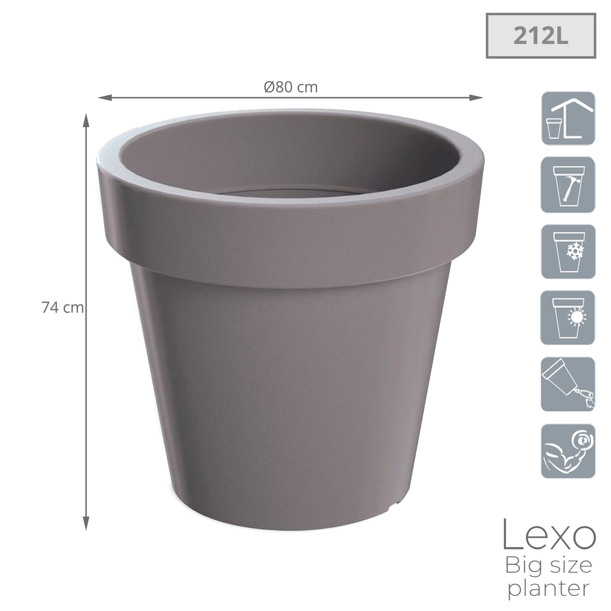 Maceta Lexo Round 212l., Dimensiones (mm) 800x800x740, Color Gris Piedra_2