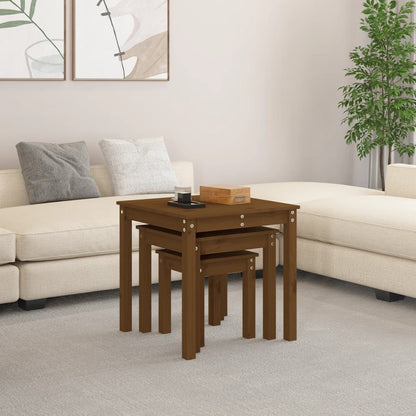 Mesas Apilables 3 Piezas Madera Maciza De Pino Marrón Miel_1