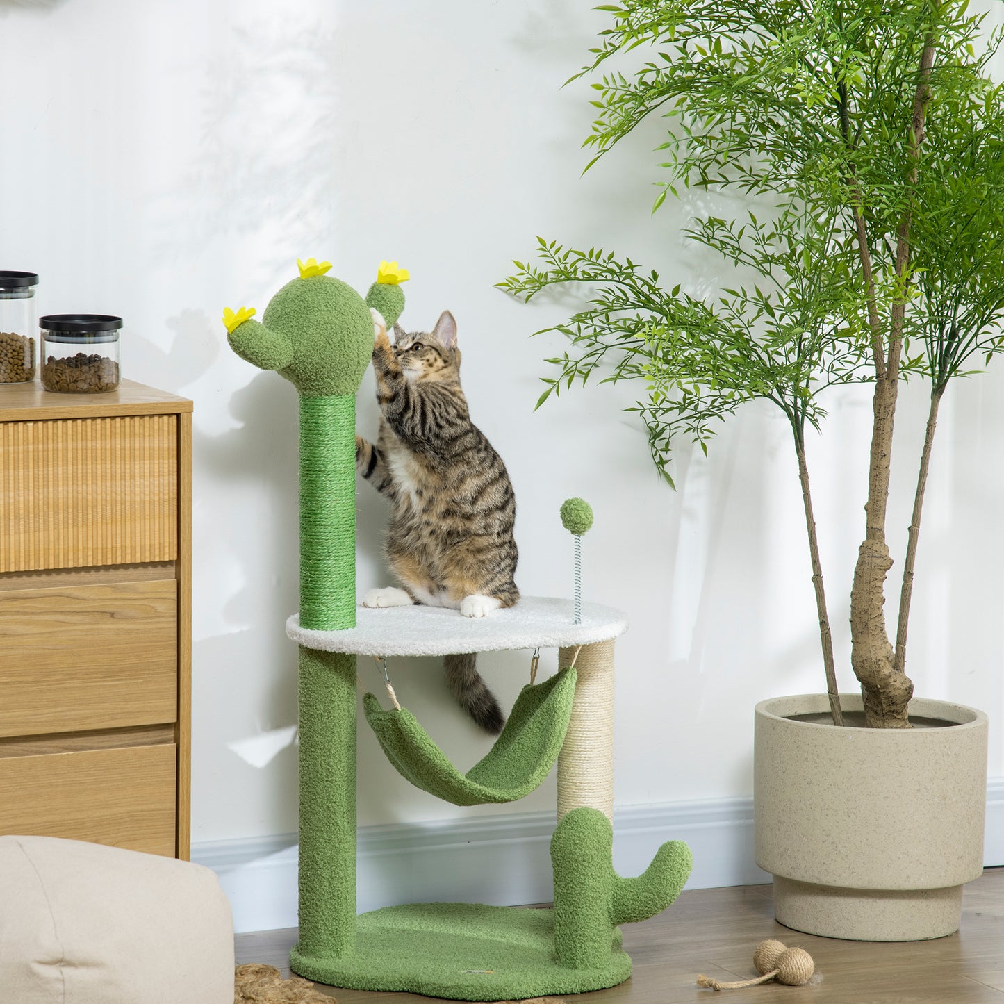 Pawhut Árbol Rascador Para Gatos Con Forma De Cactus Altura 90 Cm Con Hamaca_1
