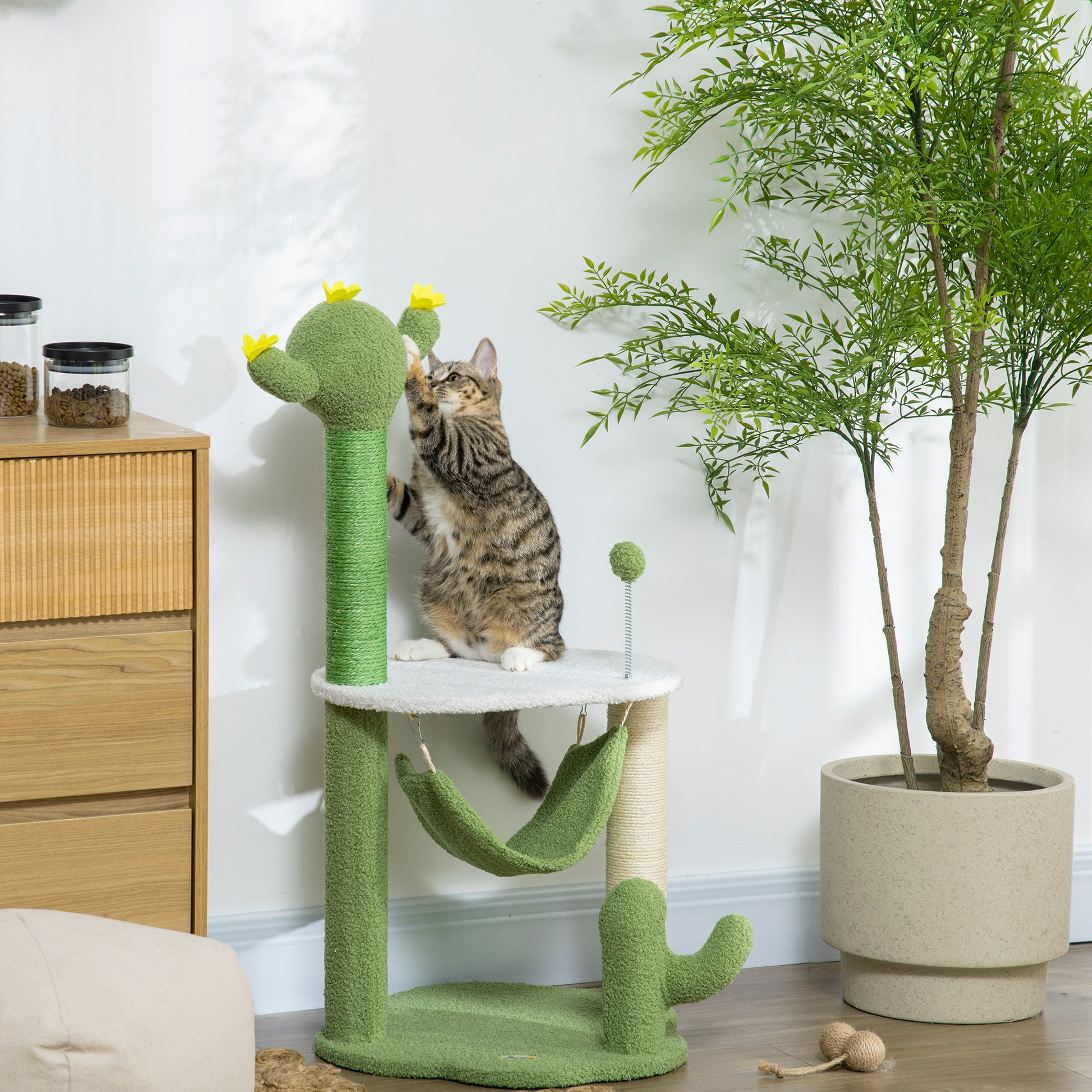 Pawhut Árbol Rascador Para Gatos Con Forma De Cactus Altura 90 Cm Con Hamaca_1