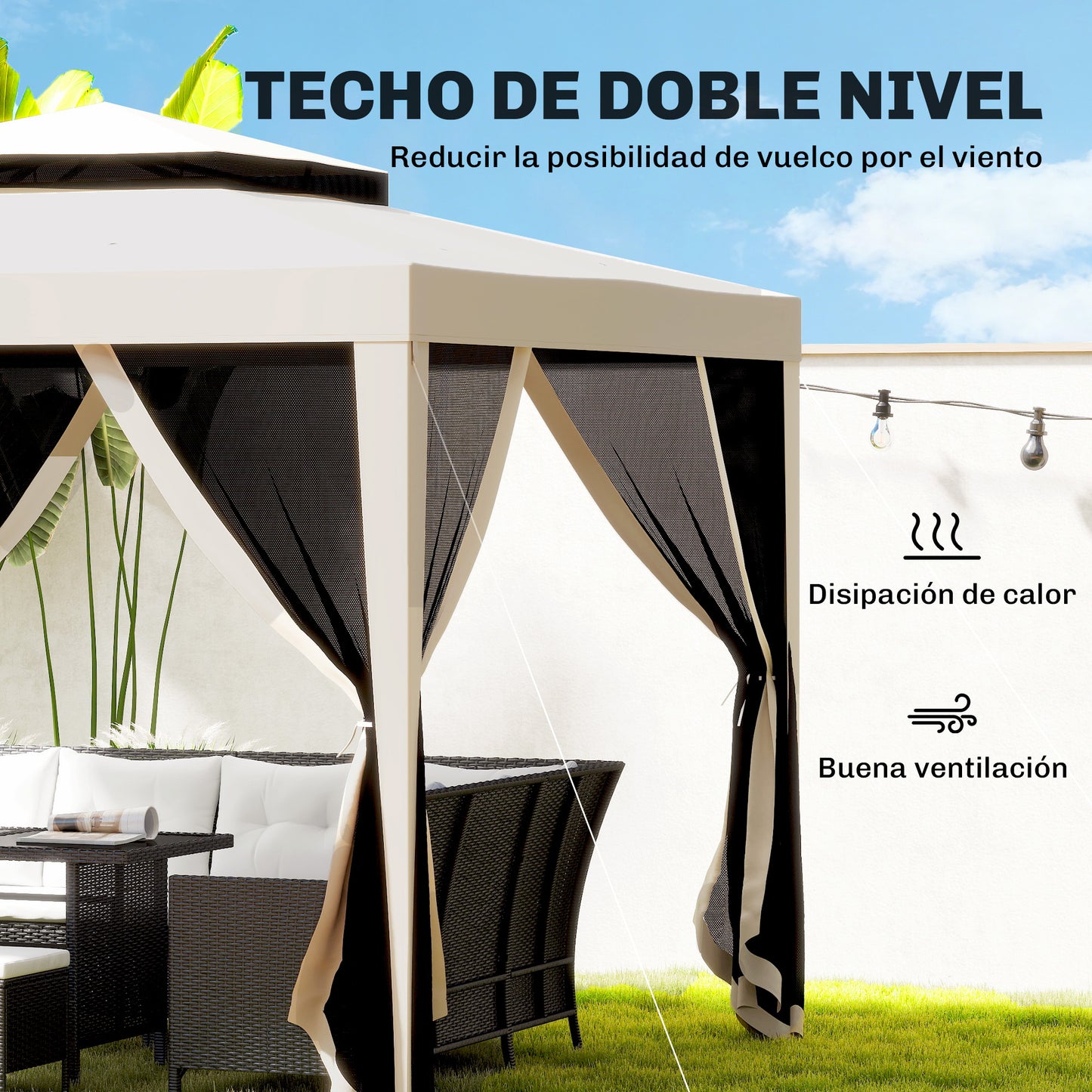 Outsunny Carpa De Jardín 3x3 M Con 4 Mosquiteras Laterales Techo Doble Beige_3