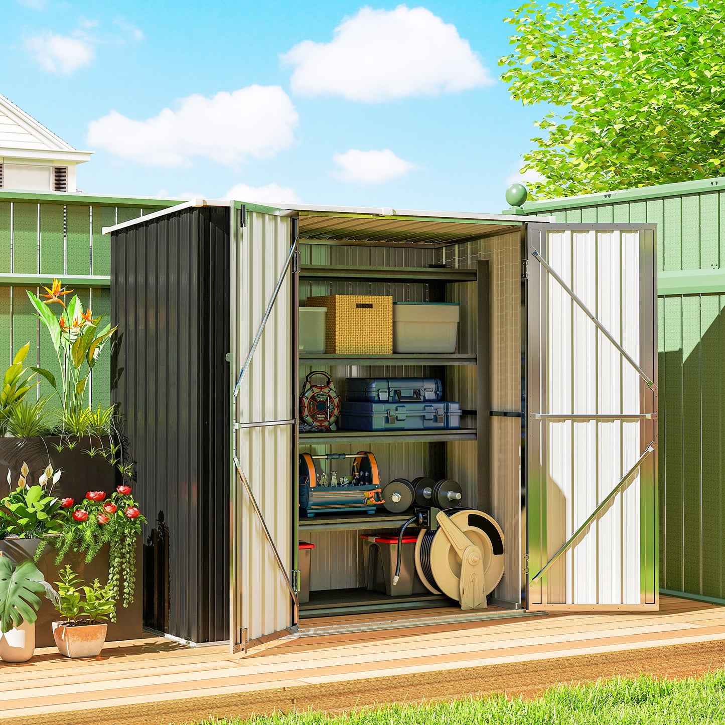 Outsunny Cobertizo De Jardín Exterior 163x89x163 Cm Puertas Con Pestillo Gris_1