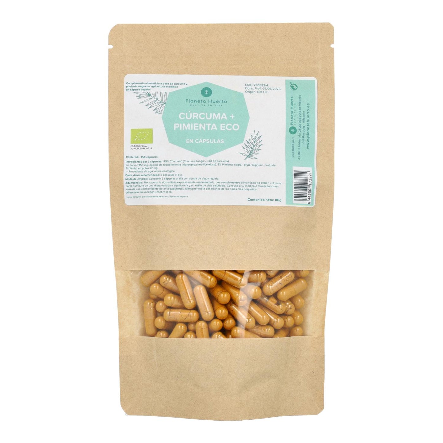 Cúrcuma + Pimienta BIO Planeta Huerto 150 cápsulas