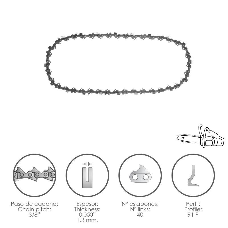 Cadena Motosierra 3/8 / 0.050 1,3 Mm. / 40 Eslabones / 91 P