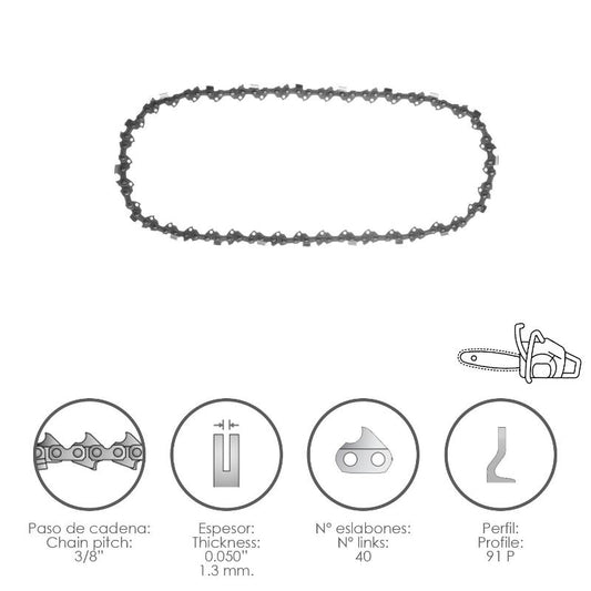 Cadena Motosierra 3/8 / 0.050 1,3 Mm. / 40 Eslabones / 91 P