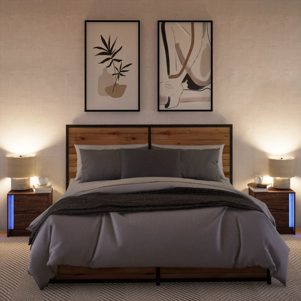 Mesitas De Noche Luces Led 2 Uds Madera Ingeniería Roble Marrón_3