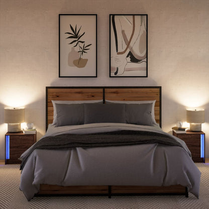 Mesitas De Noche Luces Led 2 Uds Madera Ingeniería Roble Marrón_3