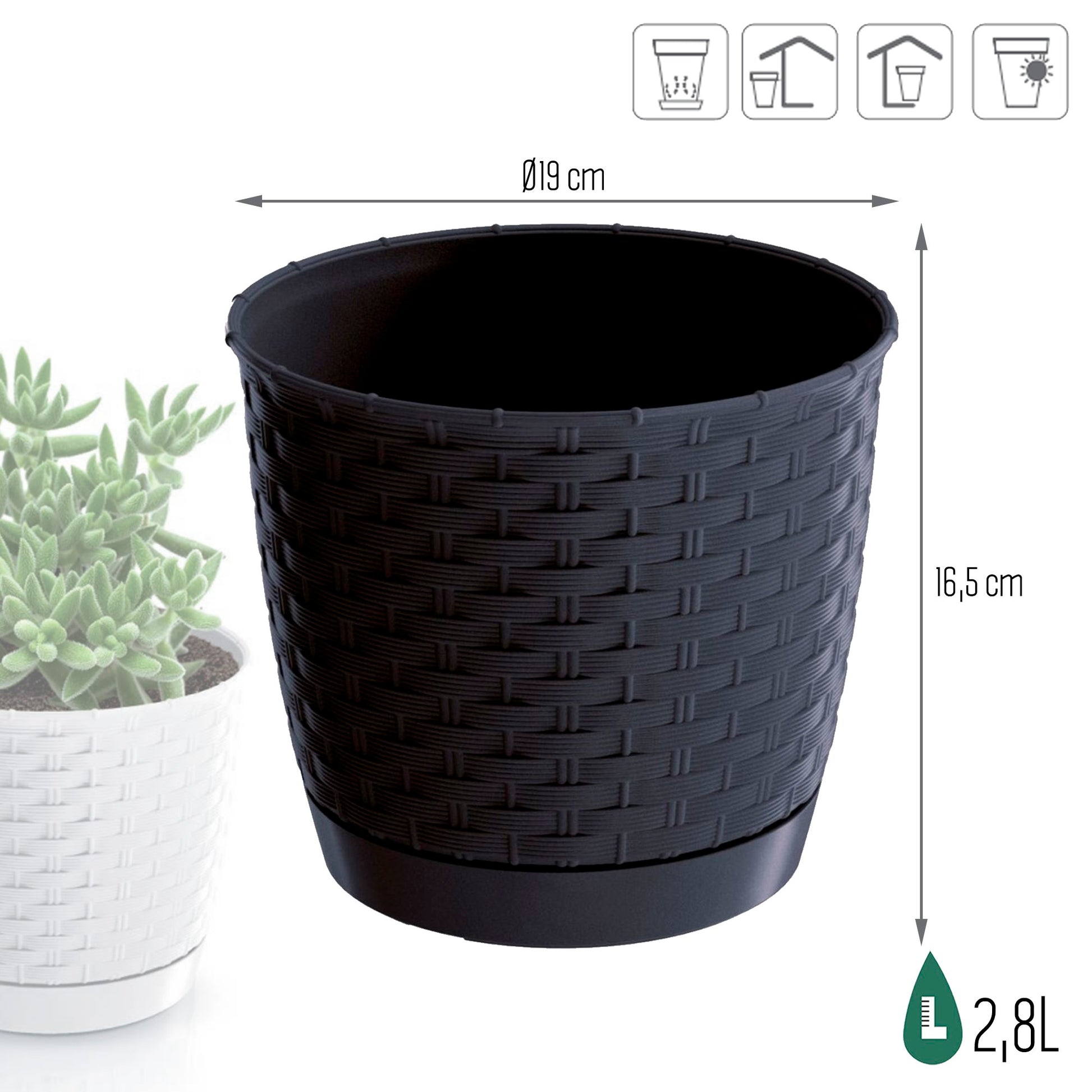 Maceta Ratolla Round 2,8l., Dimensiones (mm) 190x190x165, Color Antracita_2