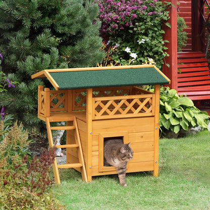 Pawhut Caseta Para Gatos De Madera 77x50x73cm Con Techo Terraza Vallada Natural_1
