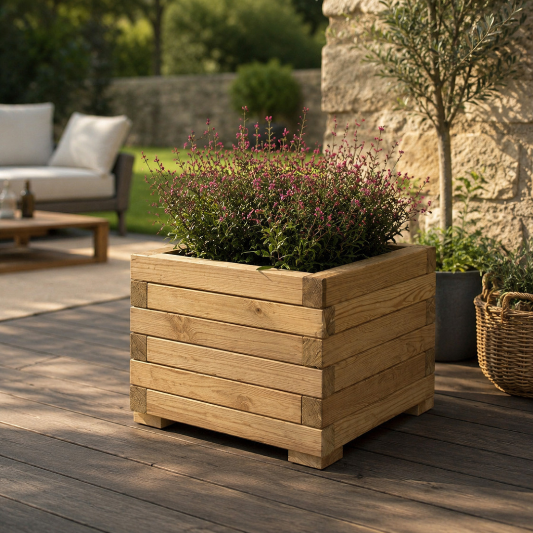 Jardinera Cuadrada De Madera De Pino Tratada Exterior Con Malla Geotextil 70x70x44 Cm 145 L_1