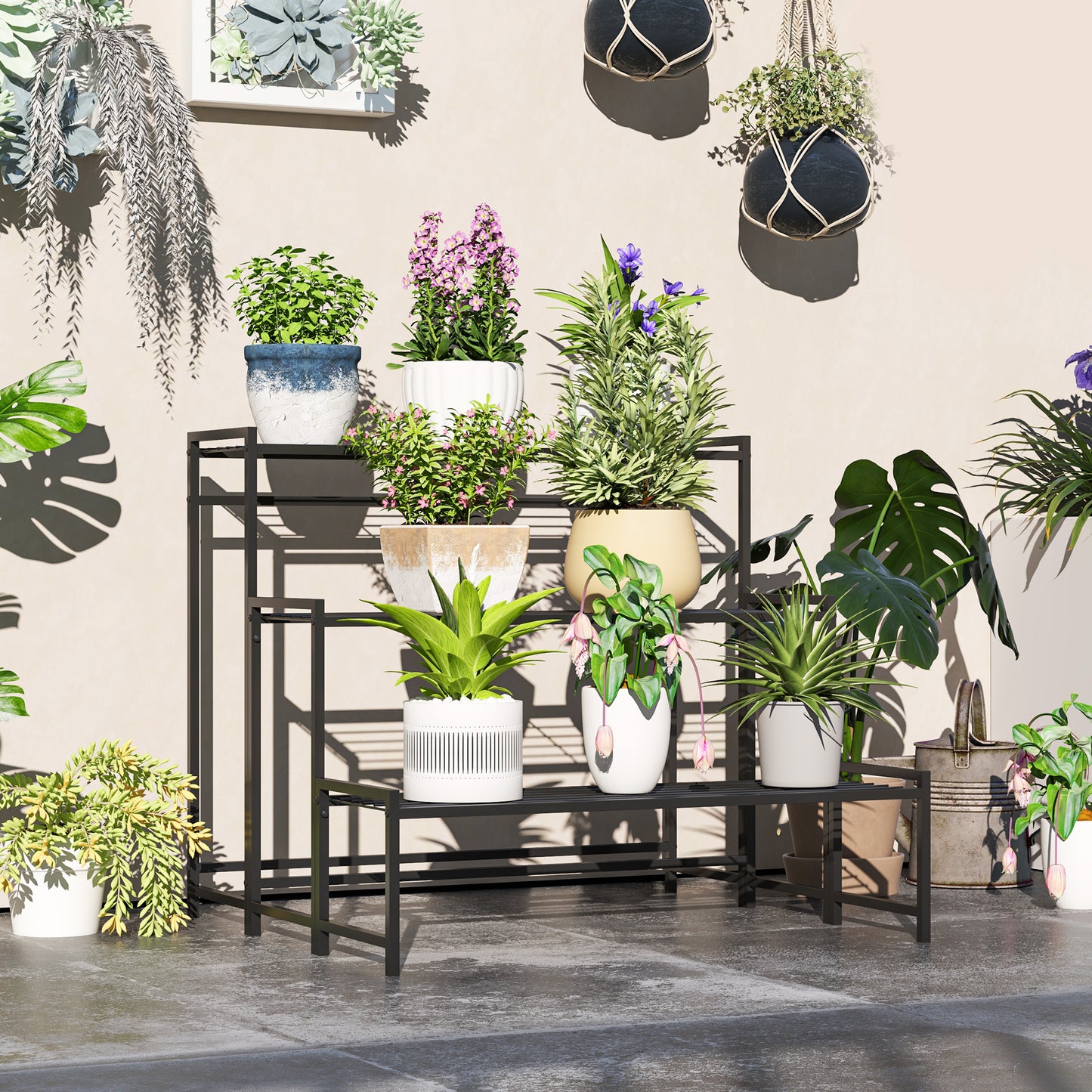 Outsunny Soporte Para Plantas De 3 Niveles Diseño En Escalera 75x70x66 Cm Negro_1