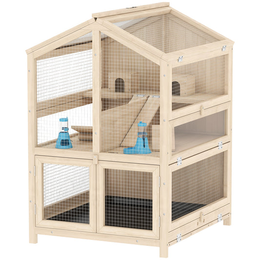 Pawhut Jaula Para Hámster De Madera De 3 Niveles Bandeja Extraíble Natural_0