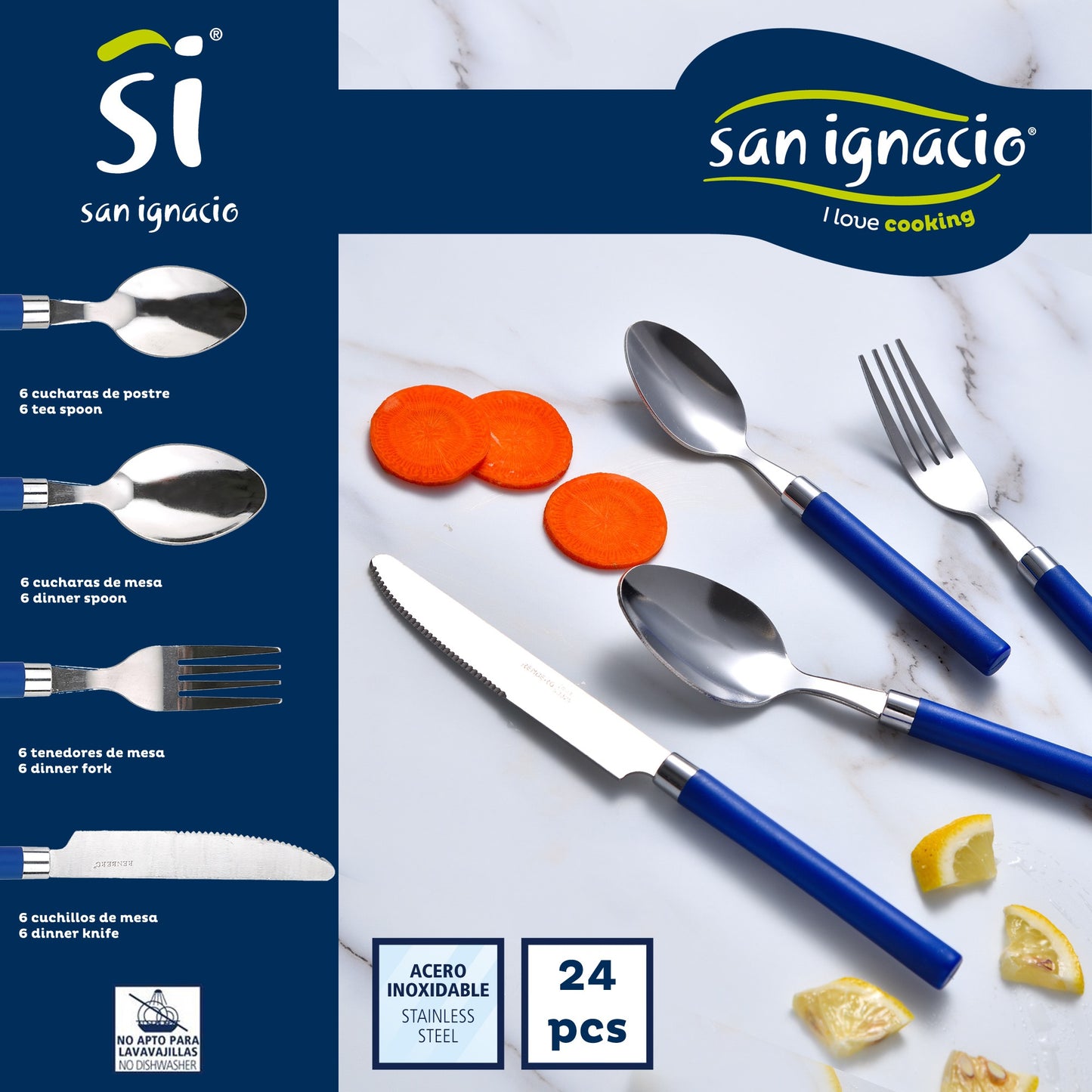 Pack De 3 Sartenes Ø20/24 Y 28 Cms + Set 24pc De Cubertería En Acero Inoxidable Con Mangos Azules_4