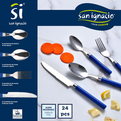 Pack De 3 Sartenes San Ignacio Ø16cm Ø20cm Ø24cm + Set De 24pc Cubertería En Acero Inoxidable Con Mangos De Color Azul_4