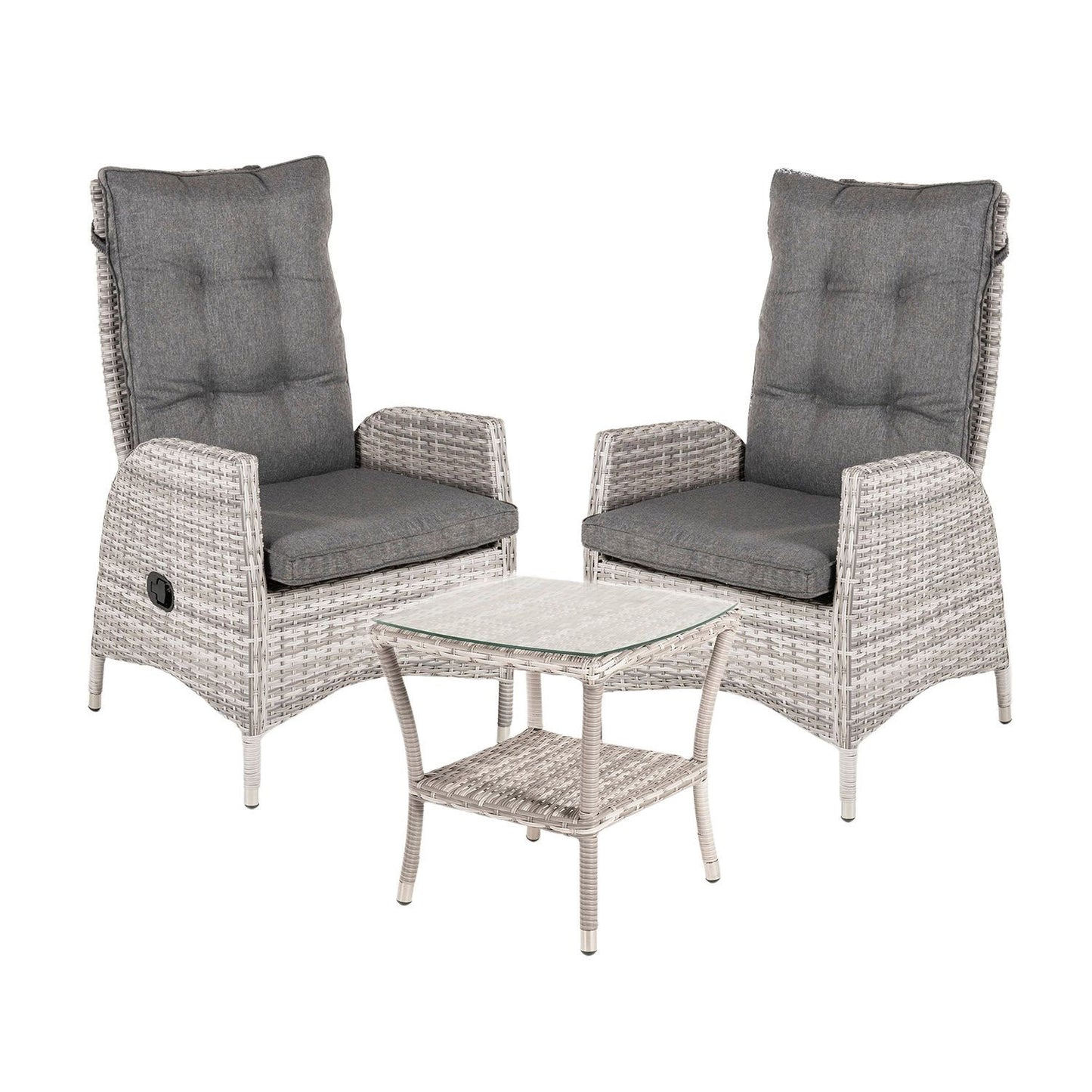 Conjunto Muebles Jardín, 2 Sillones Reclinables Y 1 Mesa Auxiliar, 2 Plazas, Aluminio Y Rattán Sintético Plano Color Gris_0