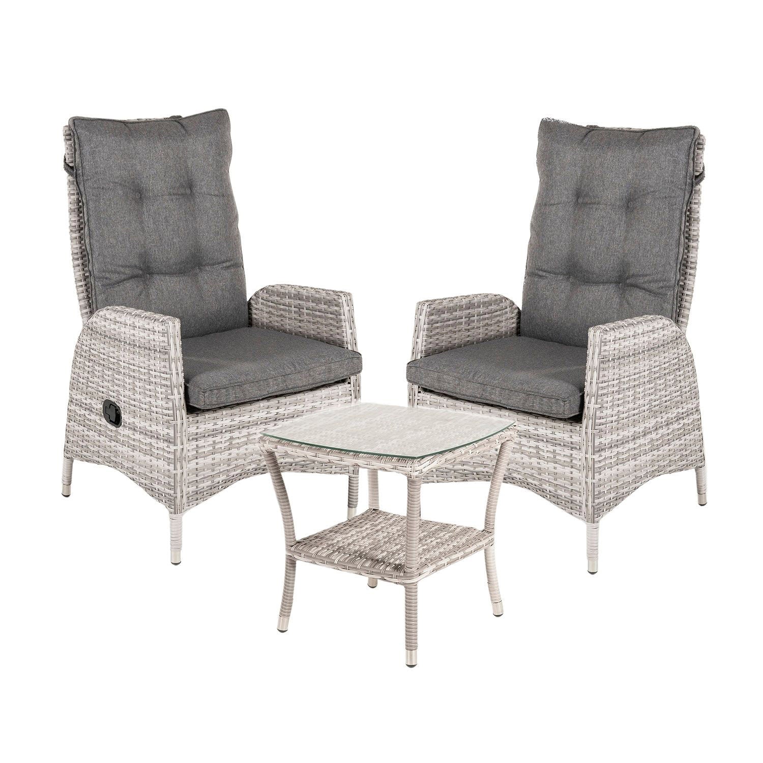 Conjunto Muebles Jardín, 2 Sillones Reclinables Y 1 Mesa Auxiliar, 2 Plazas, Aluminio Y Rattán Sintético Plano Color Gris_0
