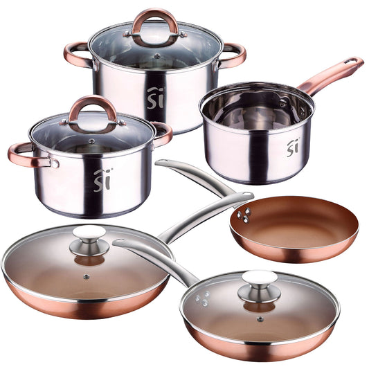 Juego De Batería De Cocina onil 5pc En Acero Inoxidable + Set De 5 Sartenes En Aluminio Prensado