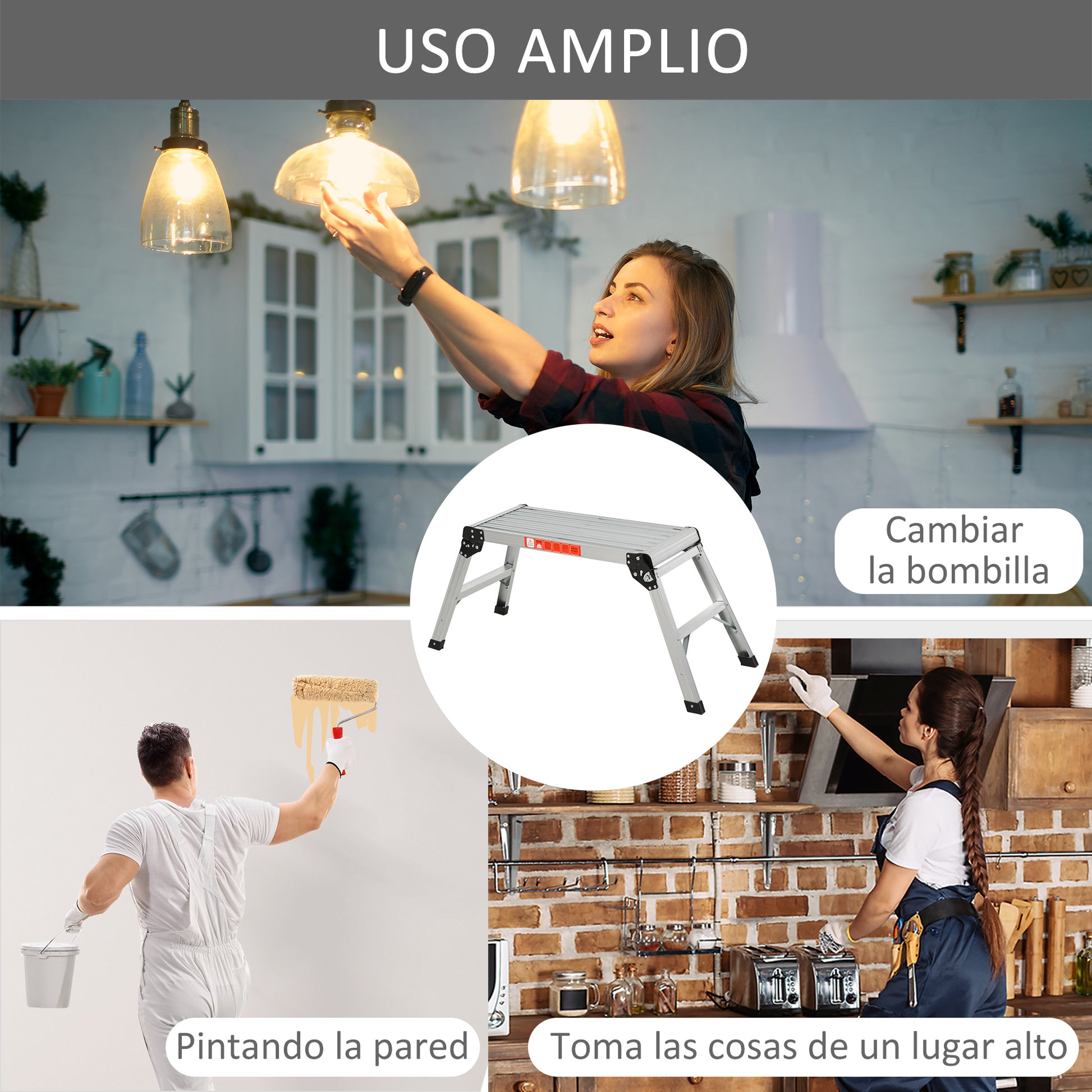 Homcom Banco Plegable Plataforma De Trabajo Escalera De Aluminio 150kg Escalon_5