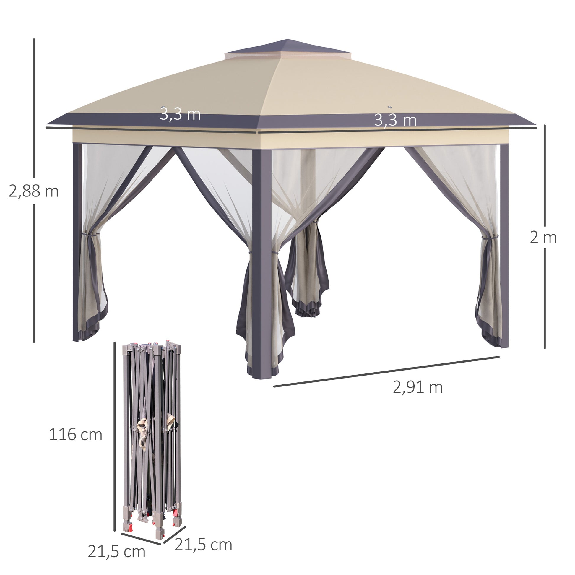 Outsunny Carpa Plegable 3,3x3,3x2,88m Altura Ajustable Doble Techo 4 Mosquiteras_2
