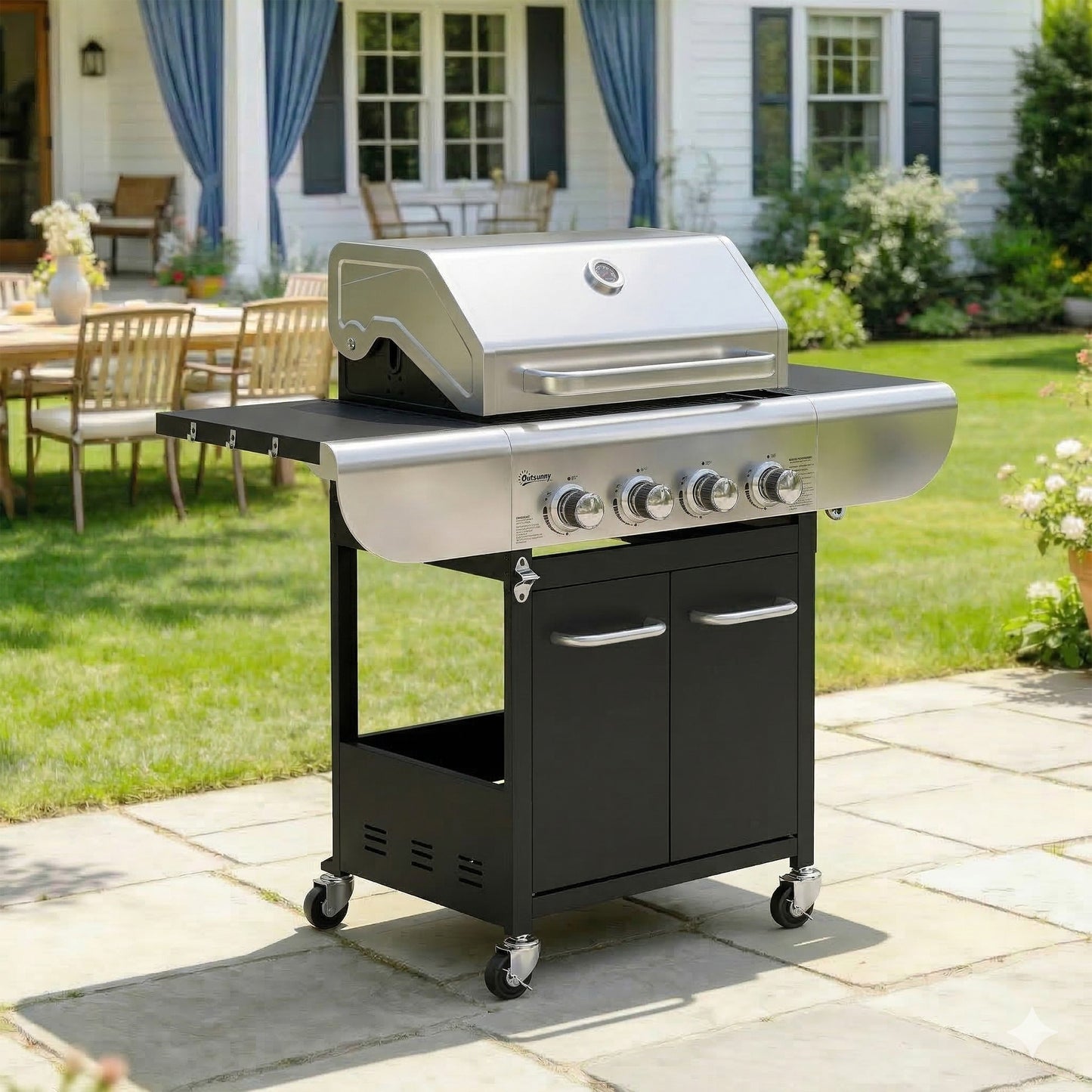 Outsunny Barbacoa De Gas Con 4 Quemadores 12,8 Kw Termómetro Mesas Laterales_1