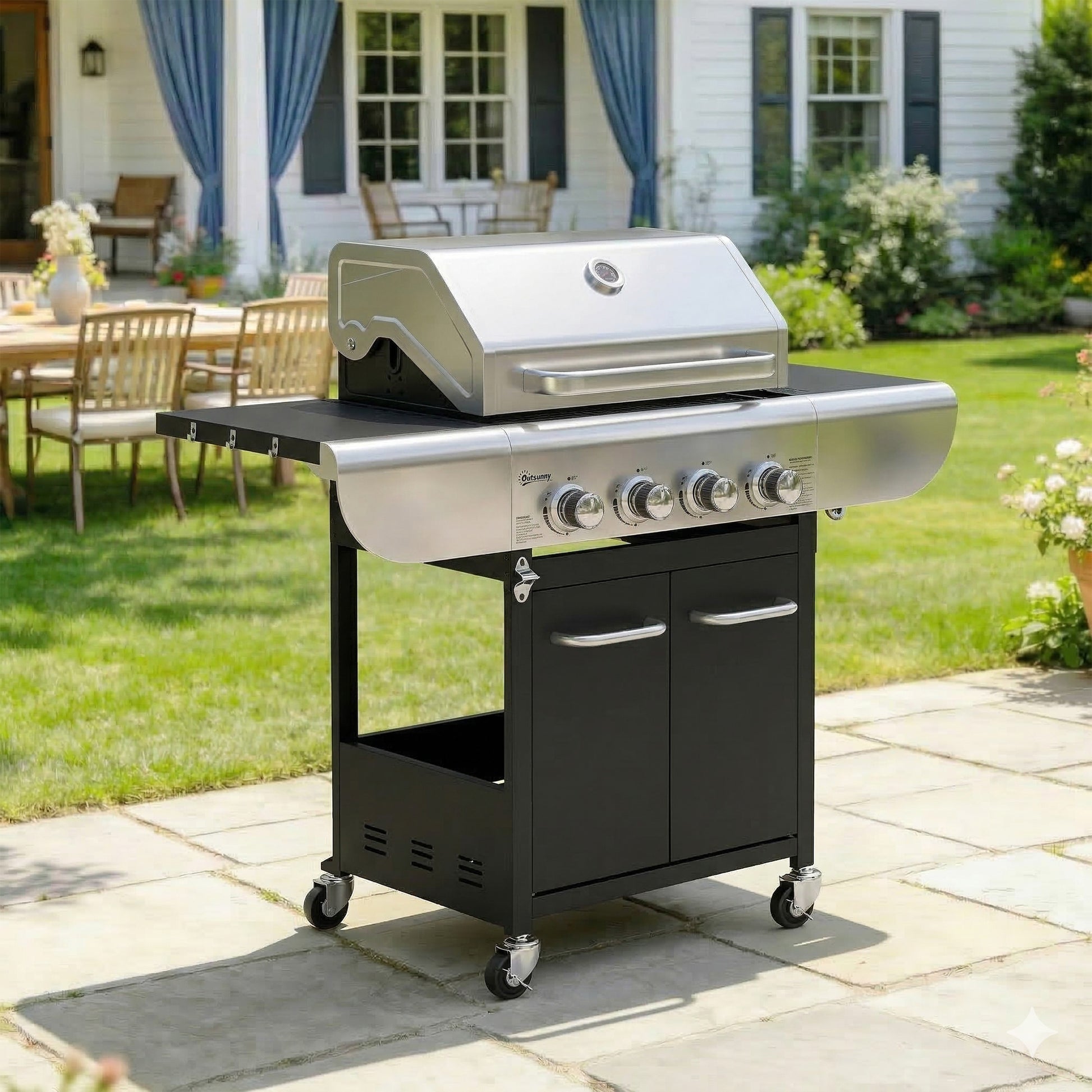 Outsunny Barbacoa De Gas Con 4 Quemadores 12,8 Kw Termómetro Mesas Laterales_1