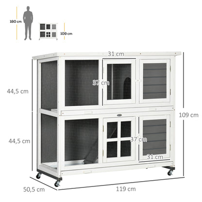 Pawhut Conejera De Madera De 2 Niveles Con Ruedas Y Techo Blanco Y Gris_2
