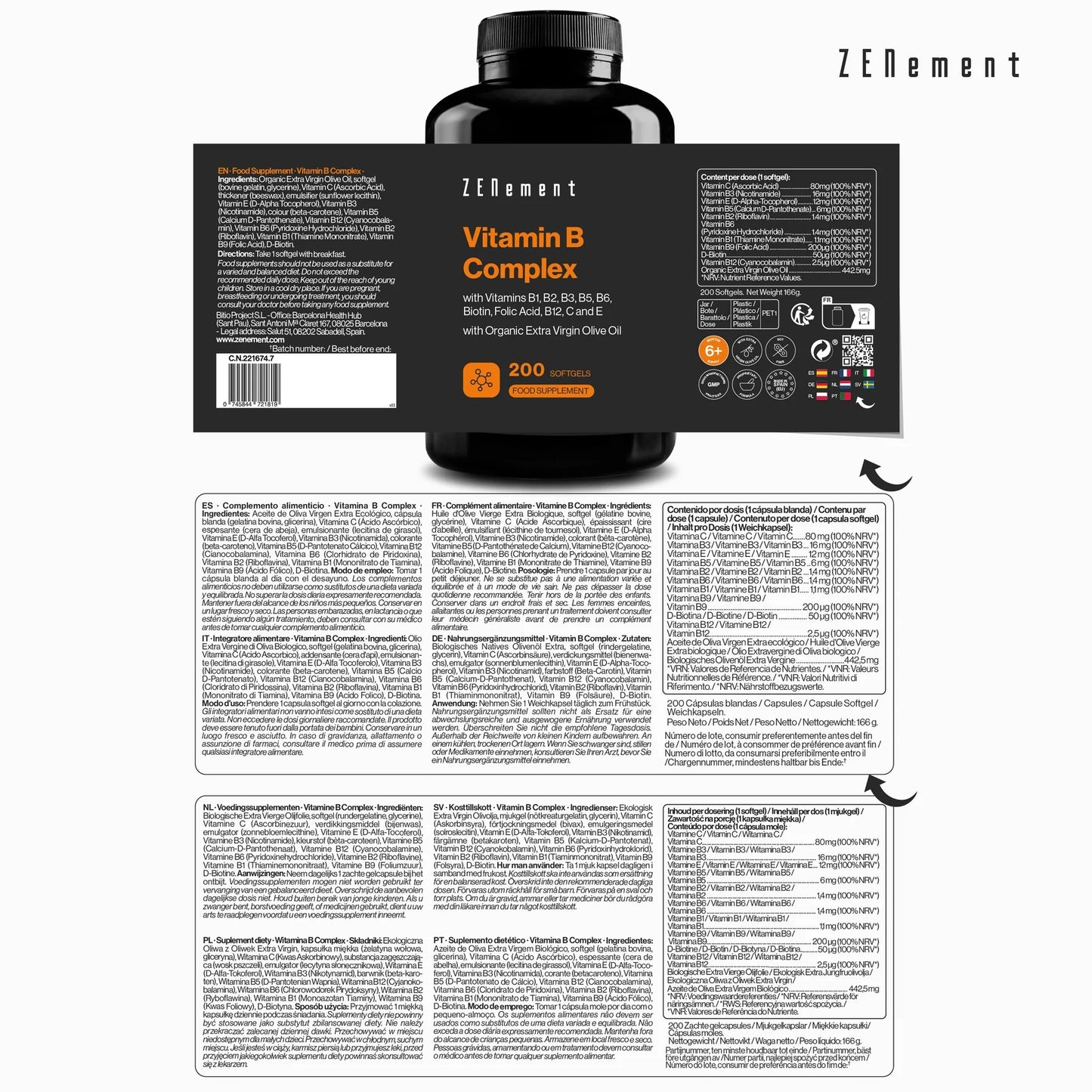 Vitamina B Complex con Aceite de Oliva Virgen Extra Ecológico Zenement 200 cápsulas blandas