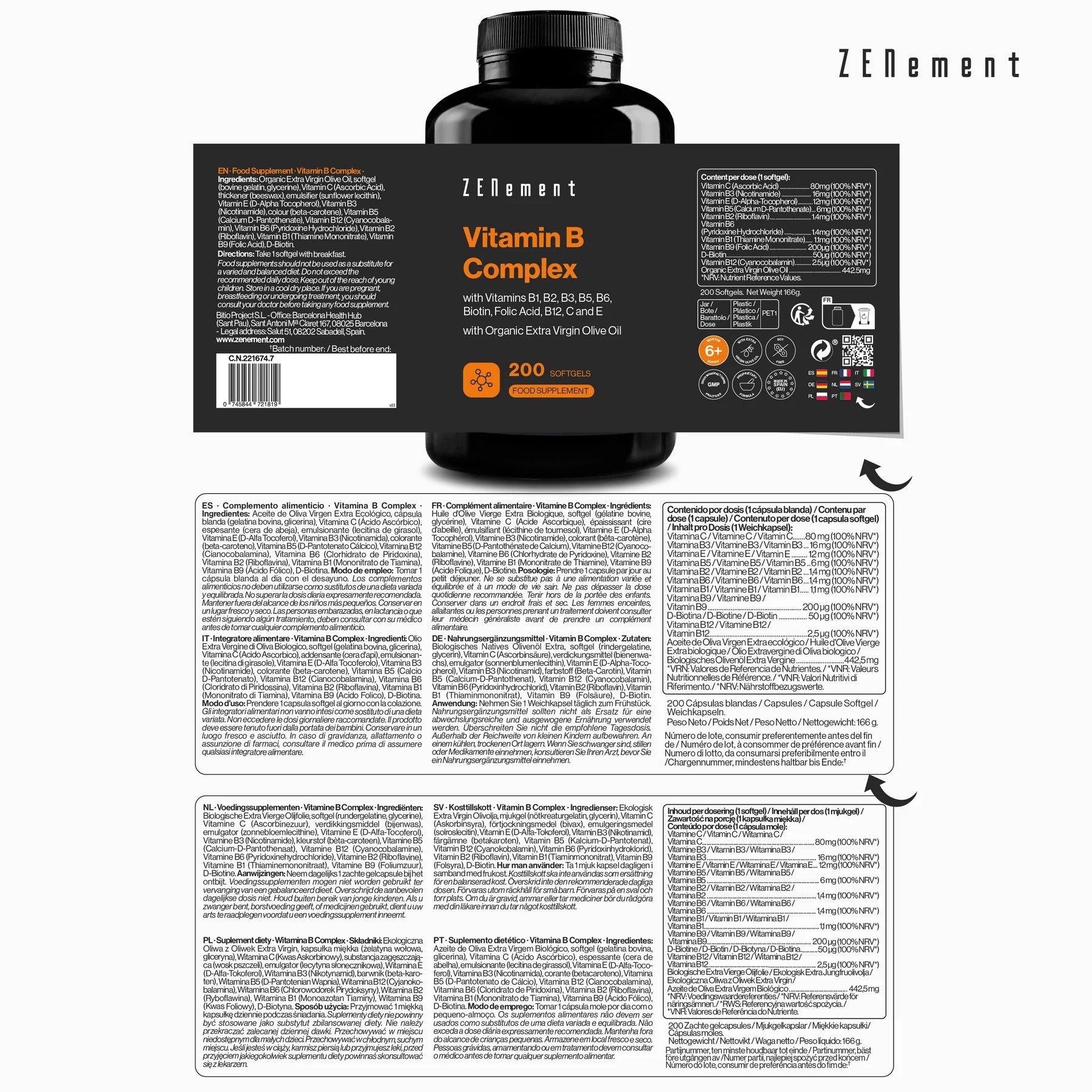 Vitamina B Complex con Aceite de Oliva Virgen Extra Ecológico Zenement 200 cápsulas blandas