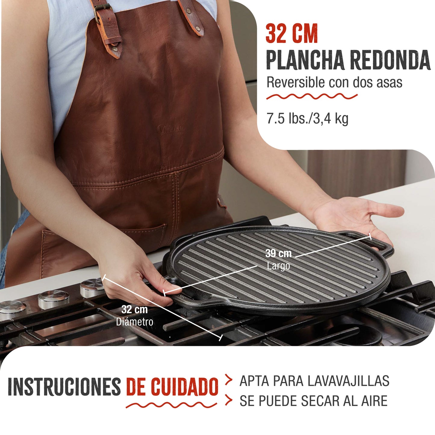 Victoria Plancha Cocina Hierro Fundido Esmaltado Parrilla Reversible 32cm, Fuego Barbacoa Sin Ptfe, 38007, Negro_4