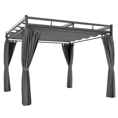Outsunny Pérgola De Jardín 3x3 M Con Techo Retráctil Y Cortinas Anti-uv Gris_0