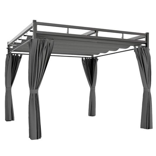 Outsunny Pérgola De Jardín 3x3 M Con Techo Retráctil Y Cortinas Anti-uv Gris_0